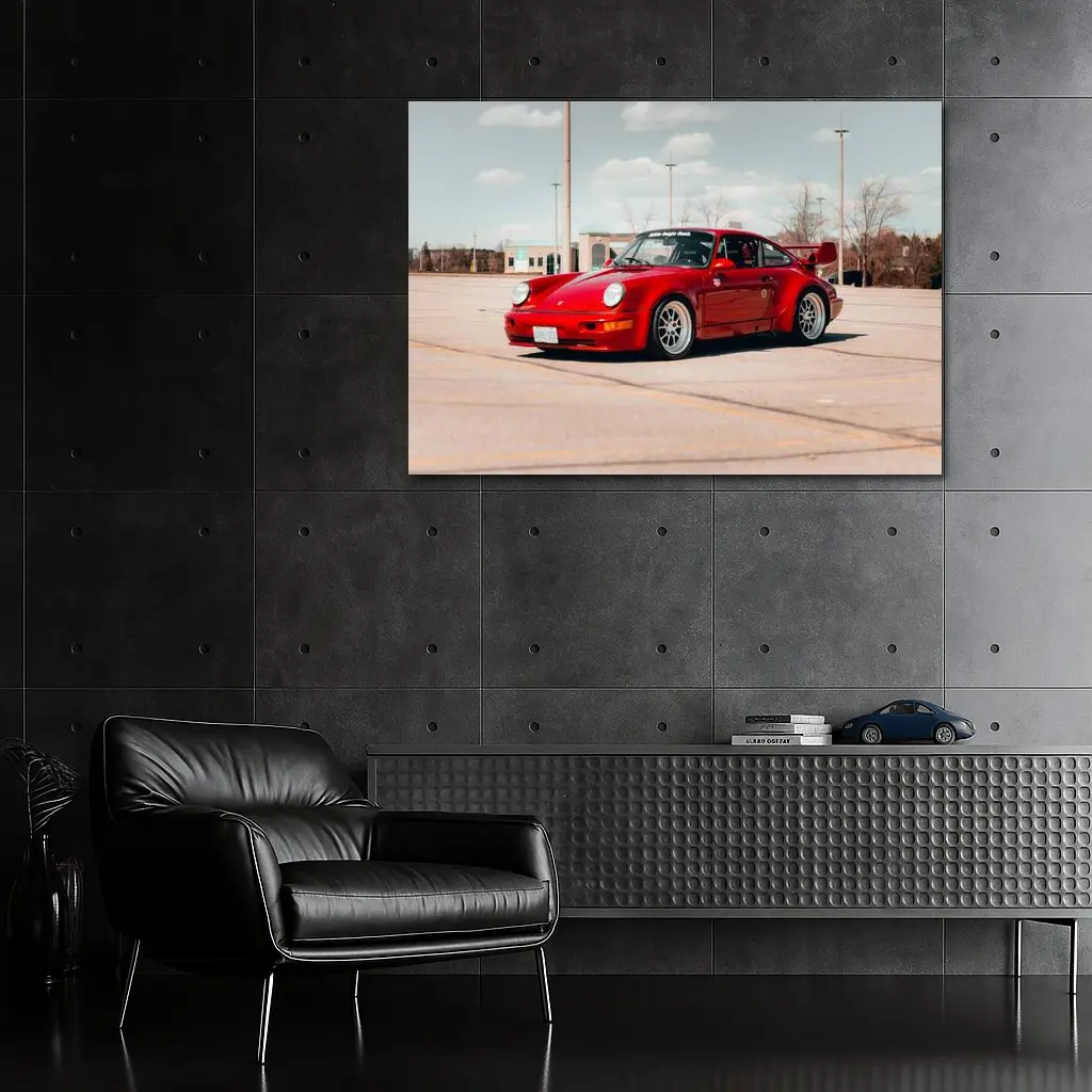 Red Porsche 911 Parked Open Lot – Wall Art