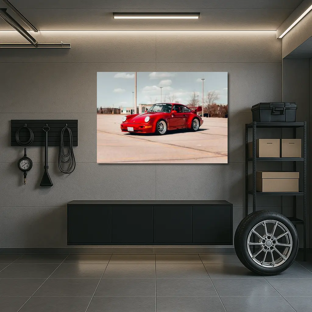Red Porsche 911 Parked Open Lot – Wall Art