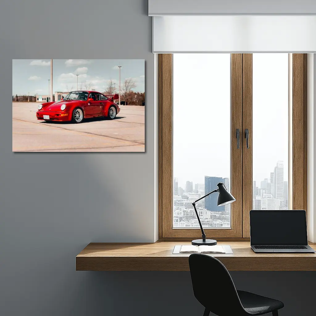 Red Porsche 911 Parked Open Lot – Wall Art