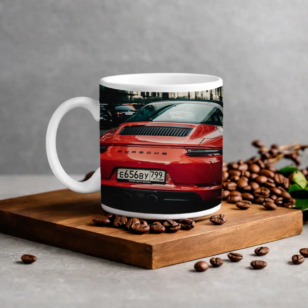 Red Porsche 911 Rear View City Street – Mugs