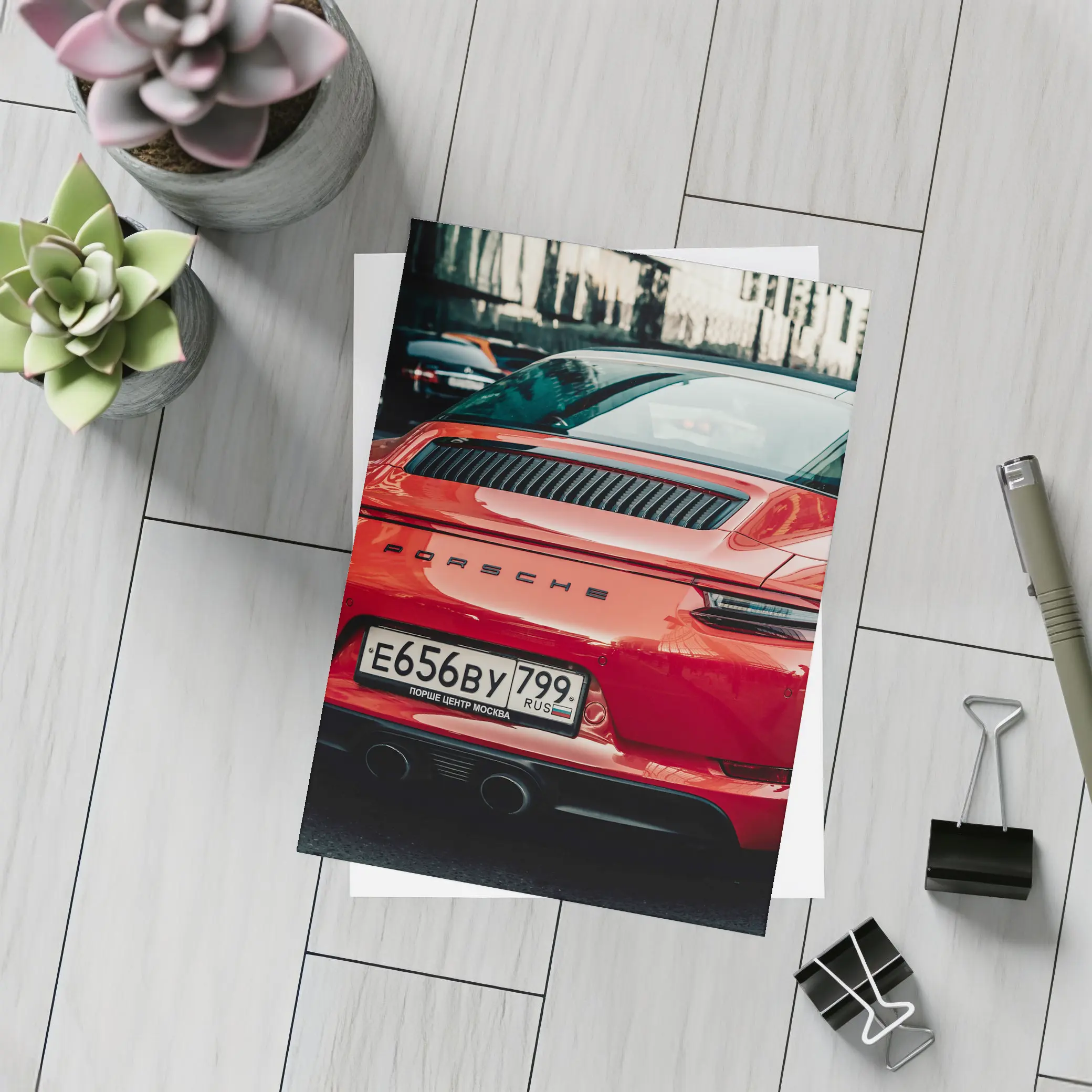 Red Porsche 911 Rear View City Street – Postcards