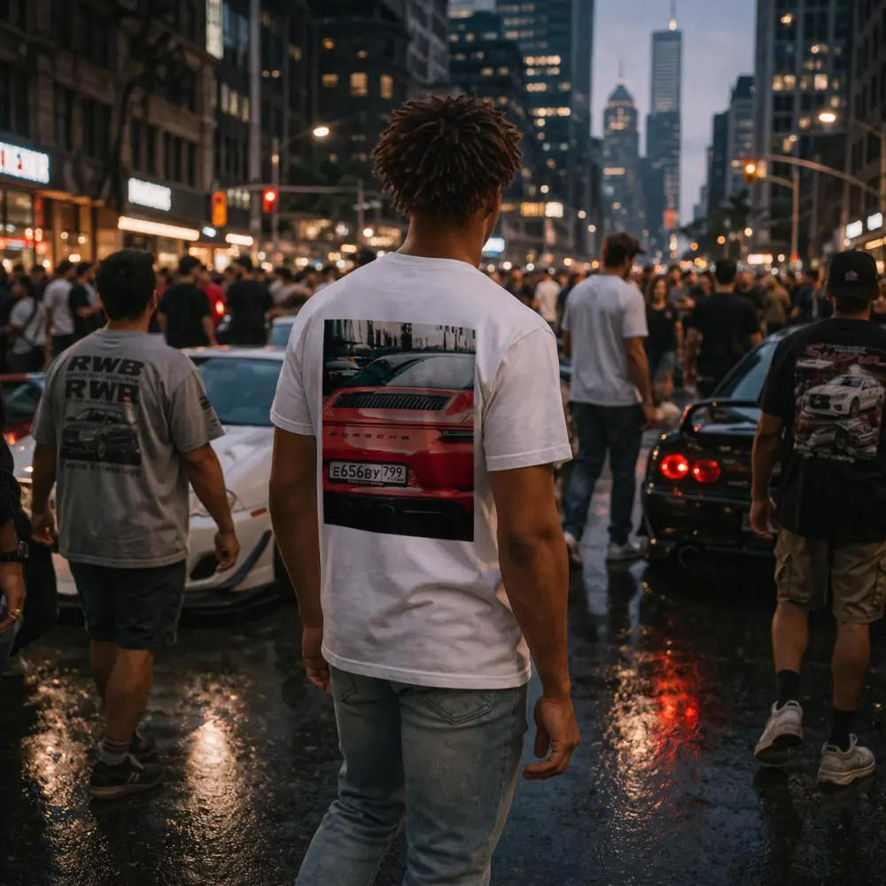 Red Porsche 911 Rear View City Street – T-Shirts