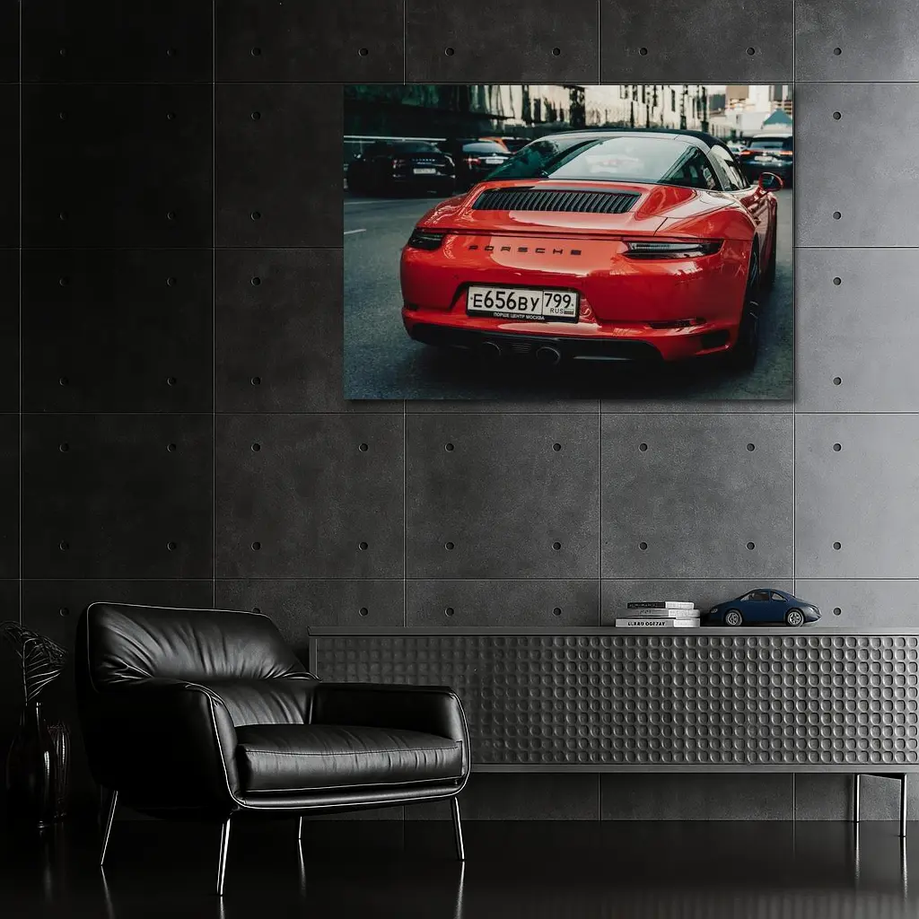 Red Porsche 911 Rear View City Street – Wall Art