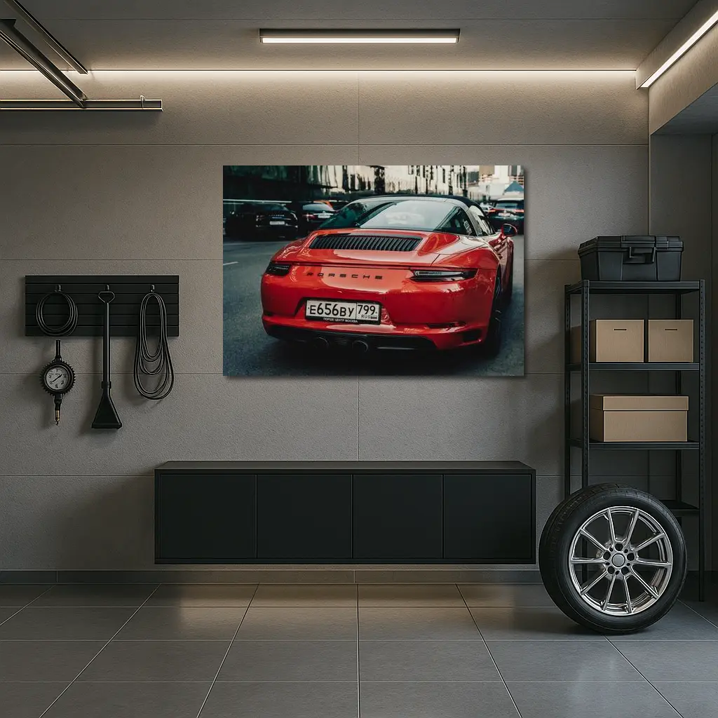 Red Porsche 911 Rear View City Street – Wall Art
