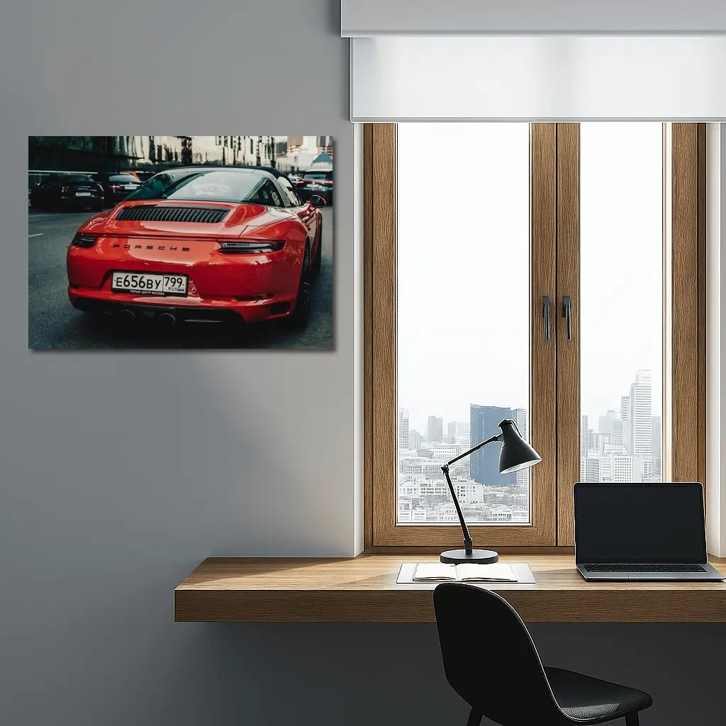 Red Porsche 911 Rear View City Street – Wall Art
