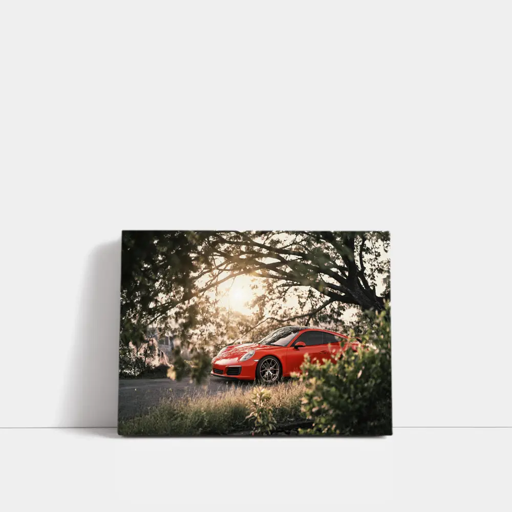 Red Porsche 911 Parked Under Golden Trees – Wall Art