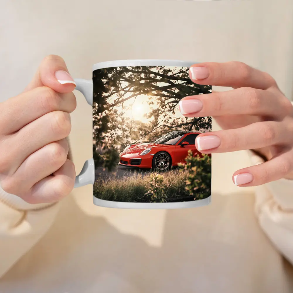 Red Porsche 911 Parked Under Golden Trees – Mugs