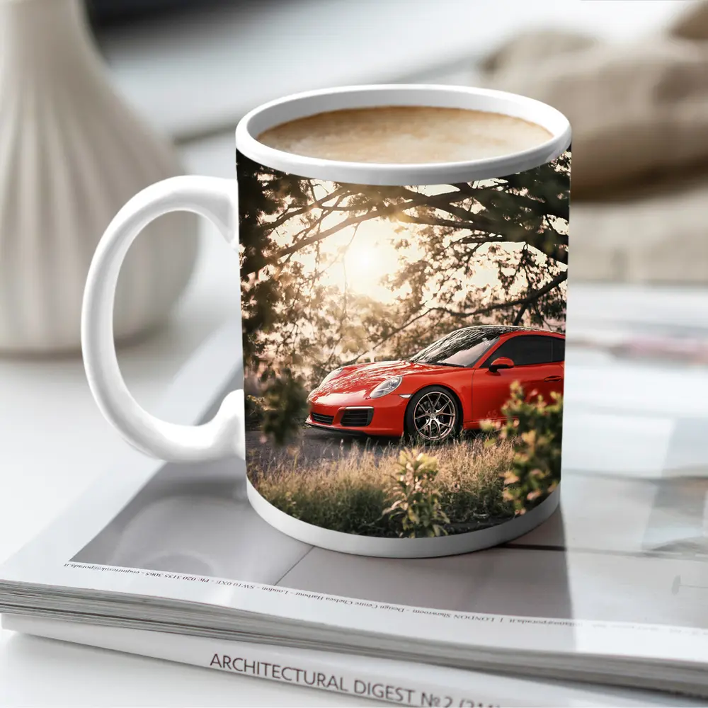 Red Porsche 911 Parked Under Golden Trees – Mugs
