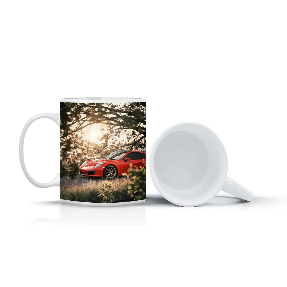 Red Porsche 911 Parked Under Golden Trees – Mugs