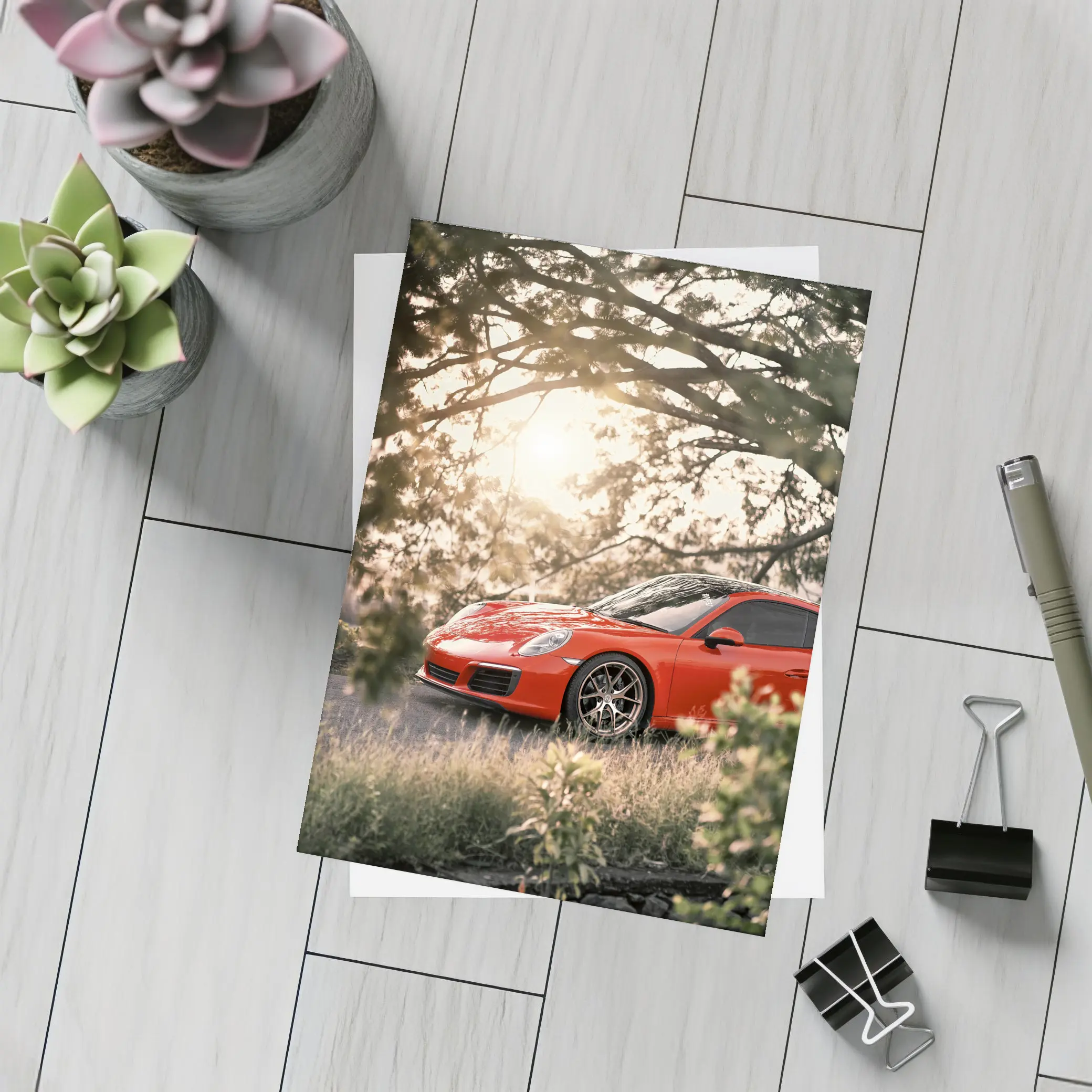 Red Porsche 911 Parked Under Golden Trees – Postcards