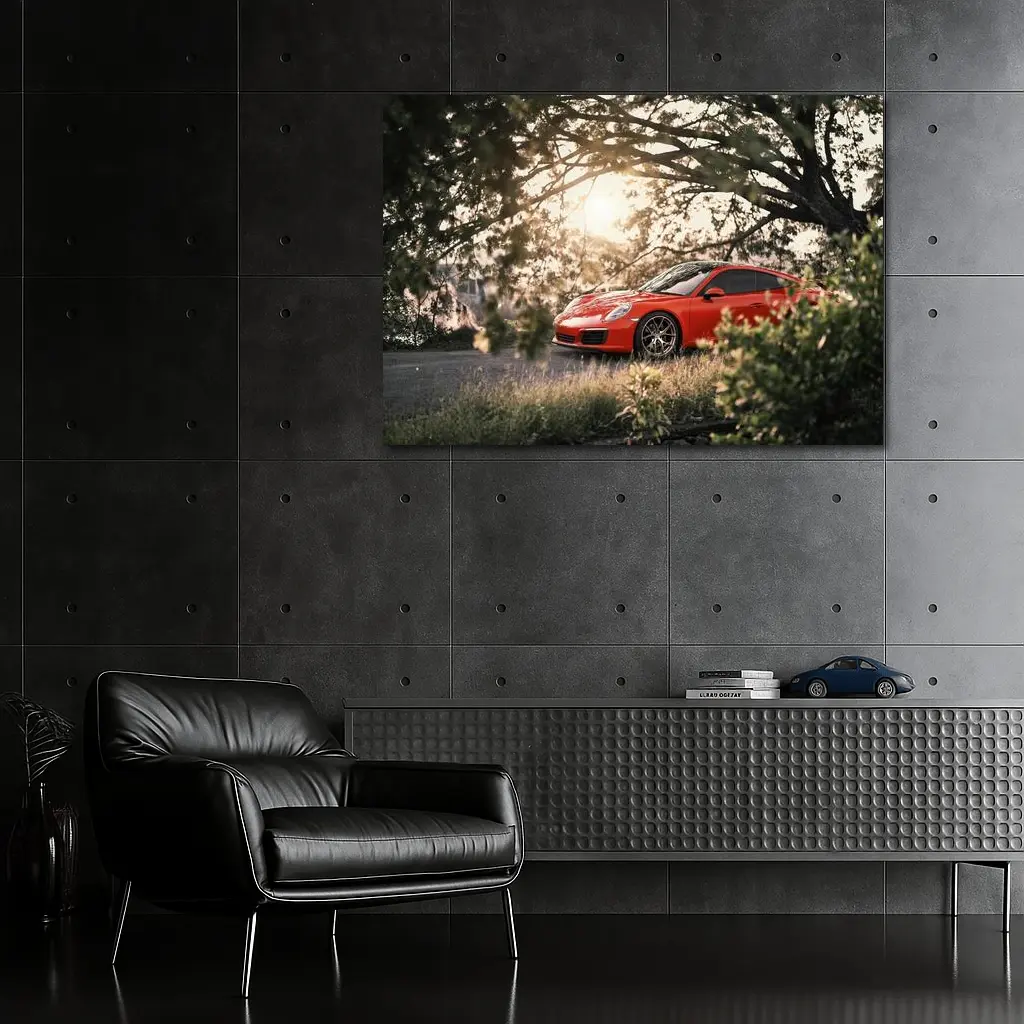 Red Porsche 911 Parked Under Golden Trees – Wall Art