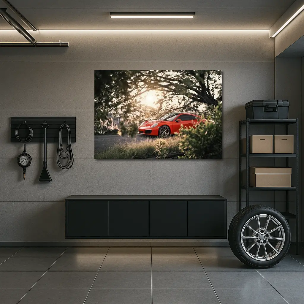 Red Porsche 911 Parked Under Golden Trees – Wall Art
