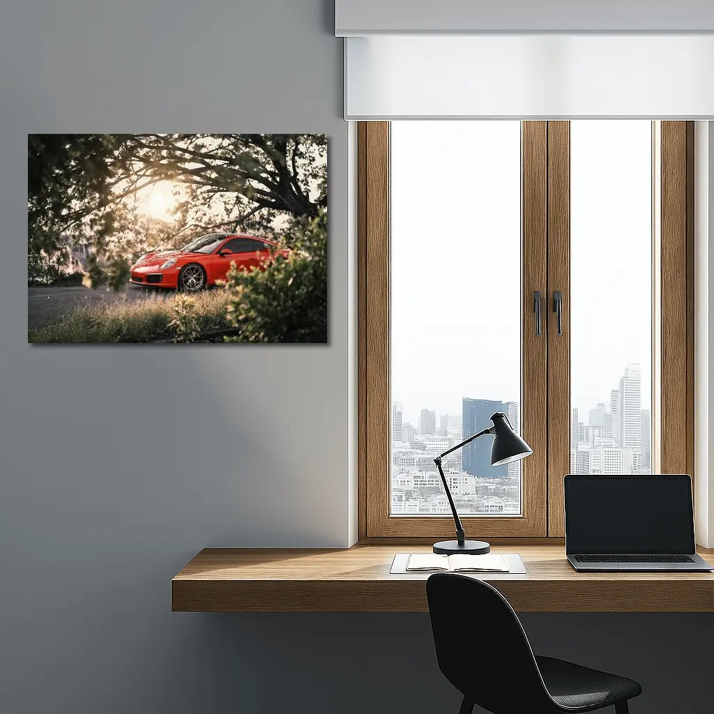 Red Porsche 911 Parked Under Golden Trees – Wall Art