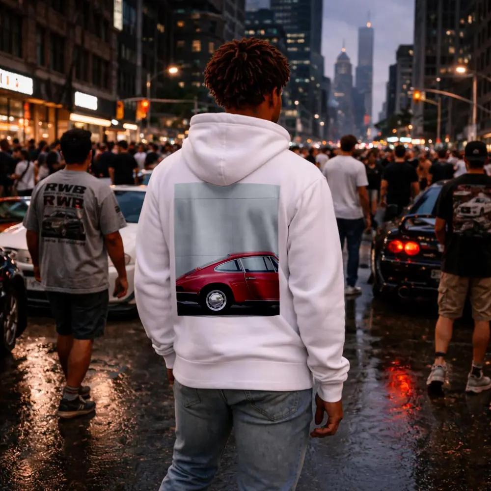 Classic Red Porsche 911 Against White Wall – Hoodies