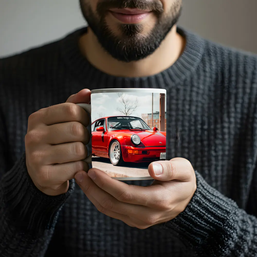 Red Porsche 911 Parked on Urban Street – Mugs