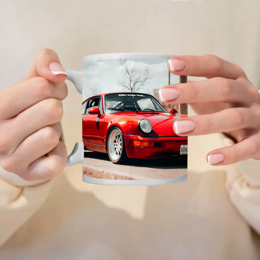 Red Porsche 911 Parked on Urban Street – Mugs
