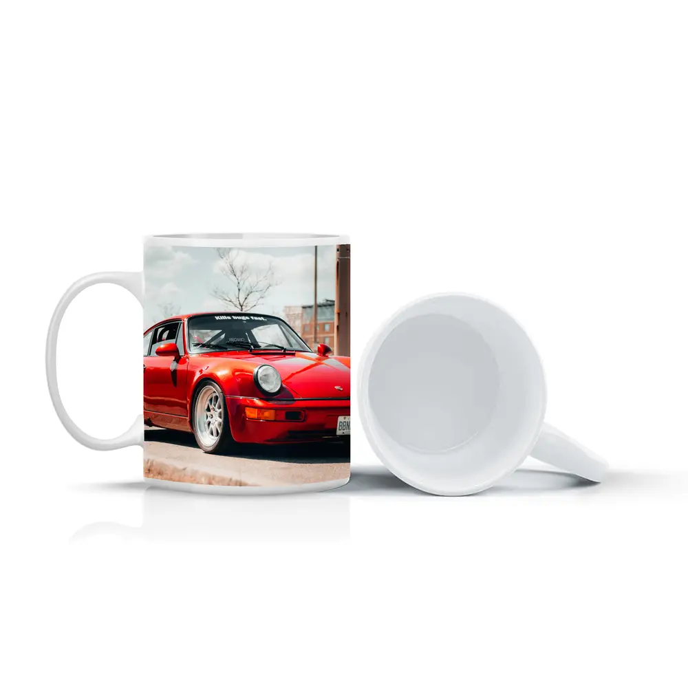 Red Porsche 911 Parked on Urban Street – Mugs