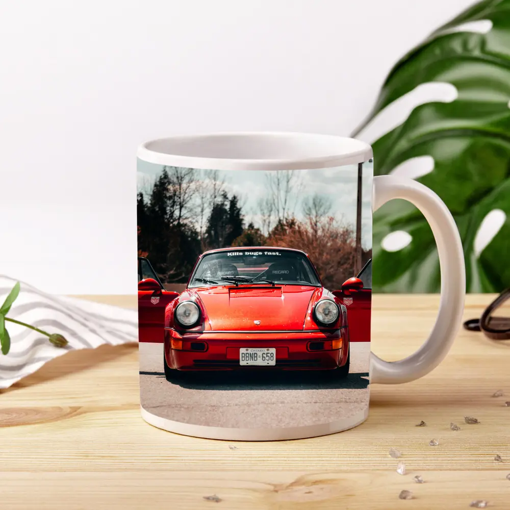 Red Porsche 911 Front View Doors Open – Mugs