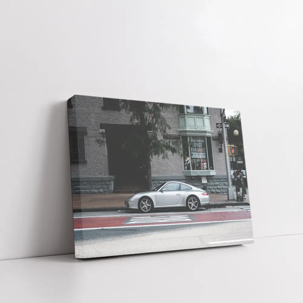 Silver Porsche 911 Parked City Street – Wall Art