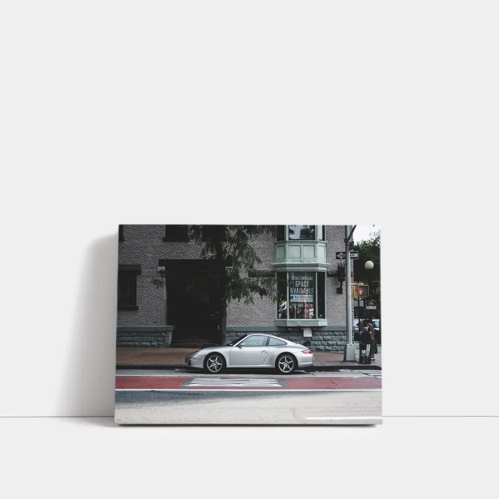 Silver Porsche 911 Parked City Street – Wall Art