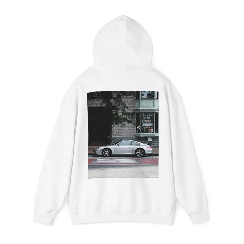 Silver Porsche 911 Parked City Street – Hoodies