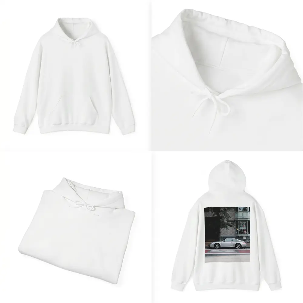 Silver Porsche 911 Parked City Street – Hoodies