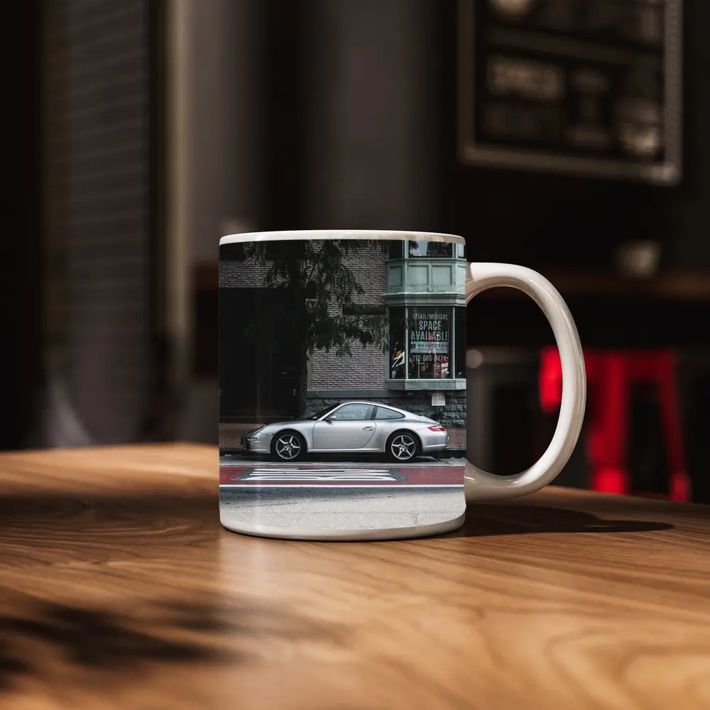 Silver Porsche 911 Parked City Street – Mugs