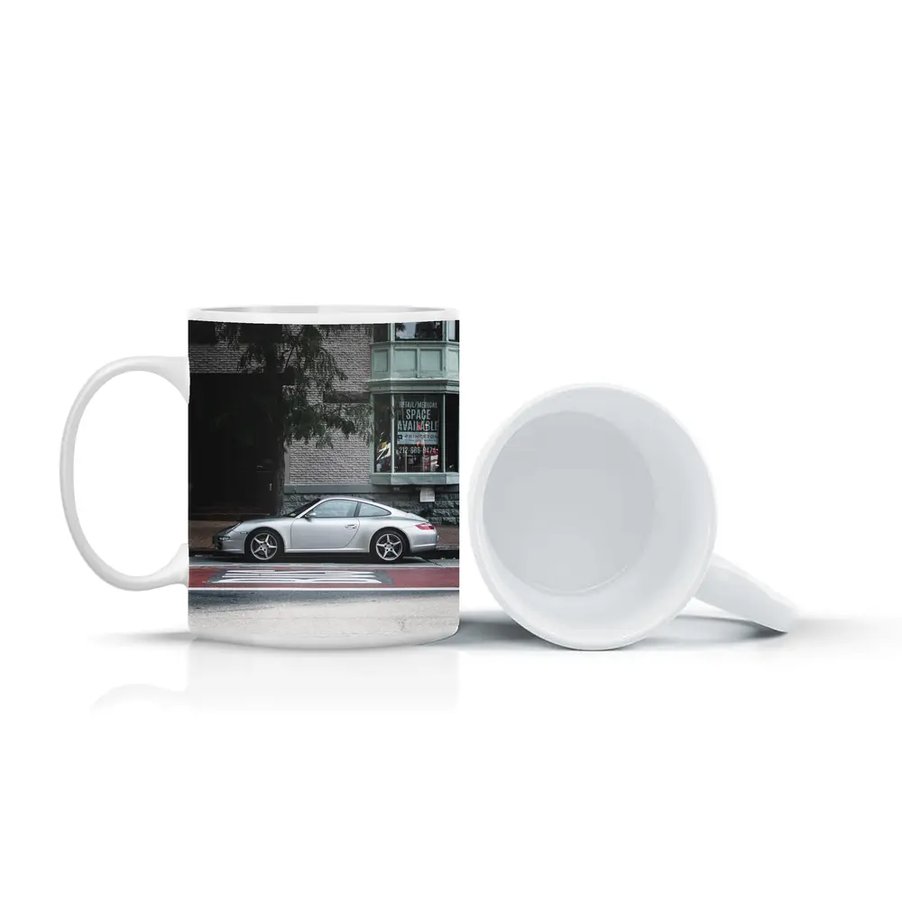 Silver Porsche 911 Parked City Street – Mugs