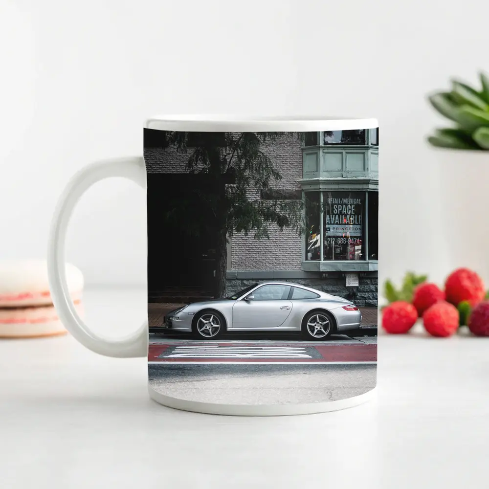 Silver Porsche 911 Parked City Street – Mugs