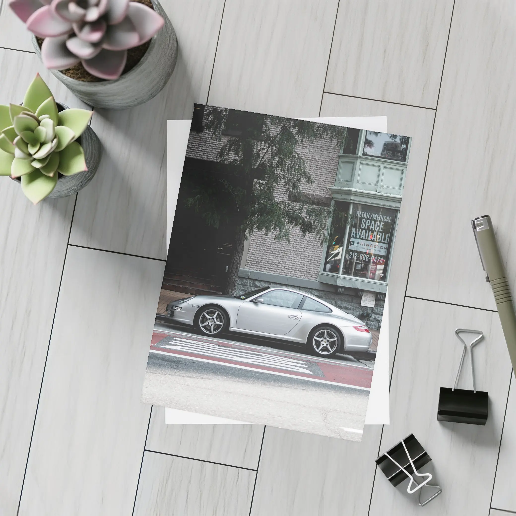 Silver Porsche 911 Parked City Street – Postcards