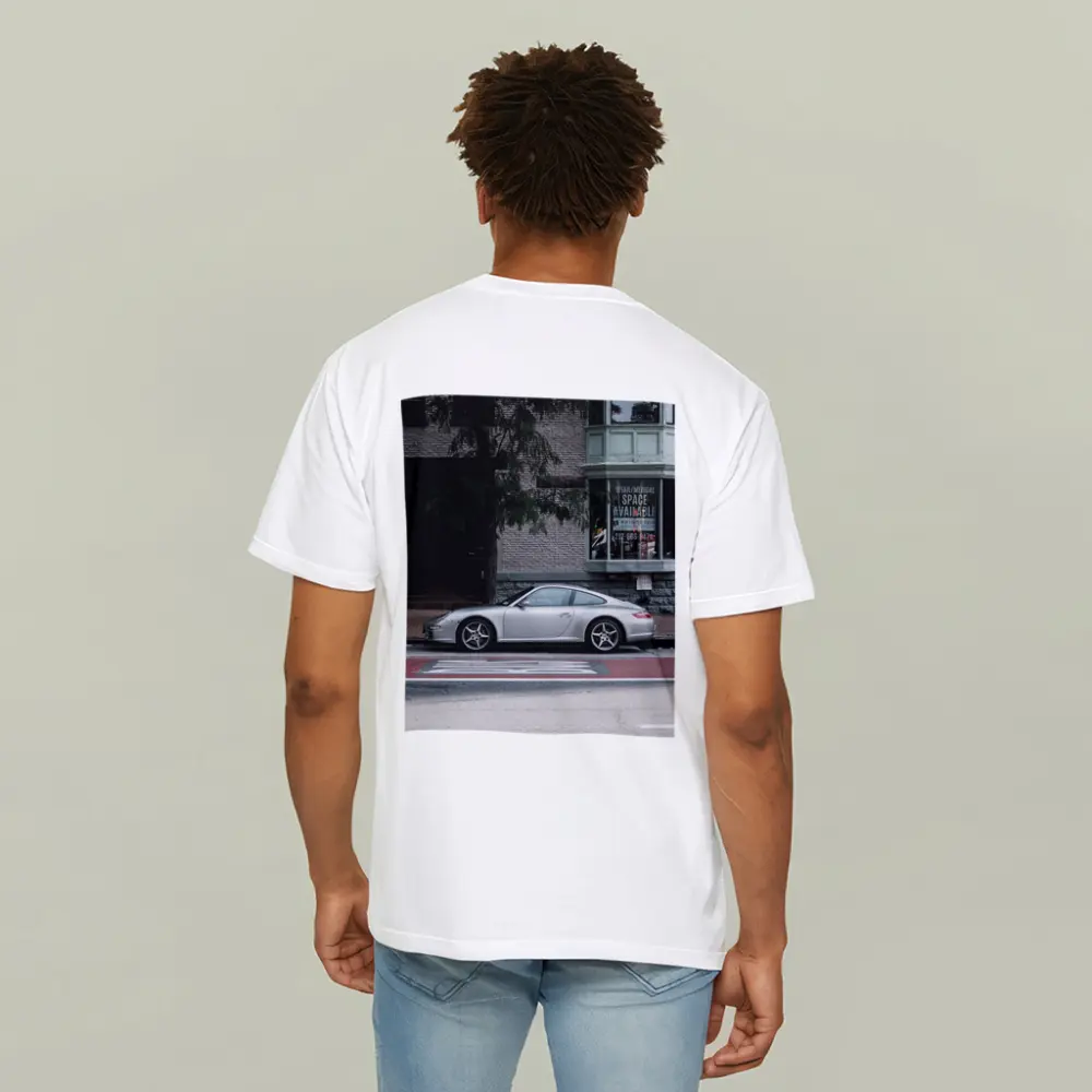 Silver Porsche 911 Parked City Street – T-Shirts