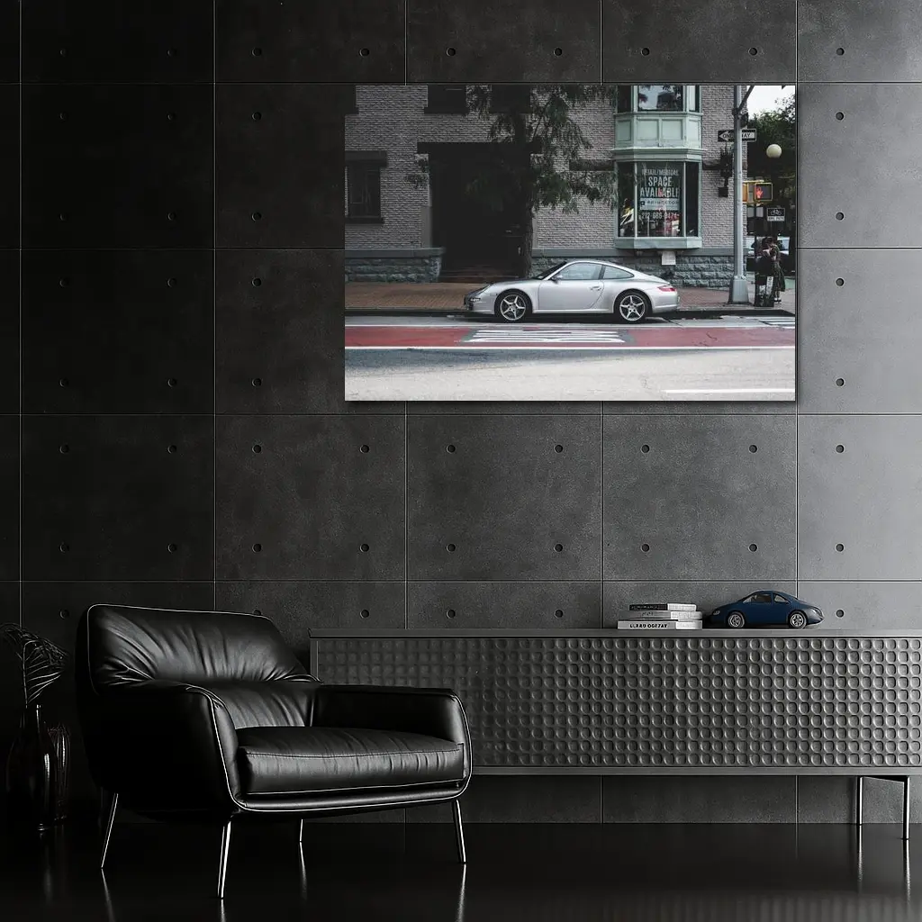 Silver Porsche 911 Parked City Street – Wall Art