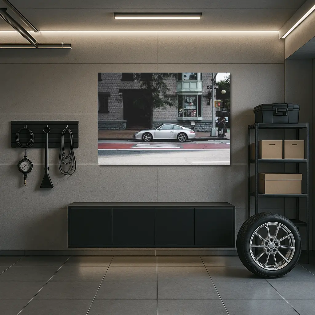 Silver Porsche 911 Parked City Street – Wall Art
