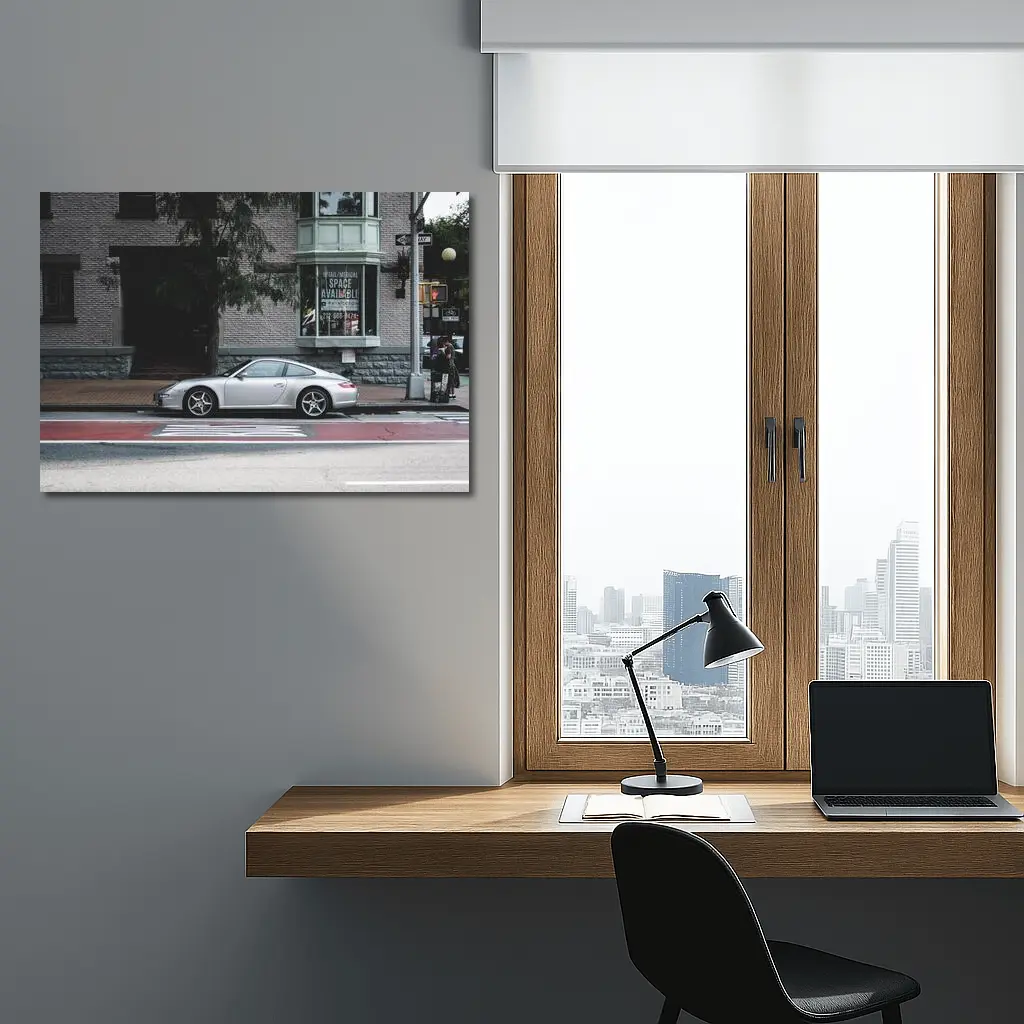 Silver Porsche 911 Parked City Street – Wall Art