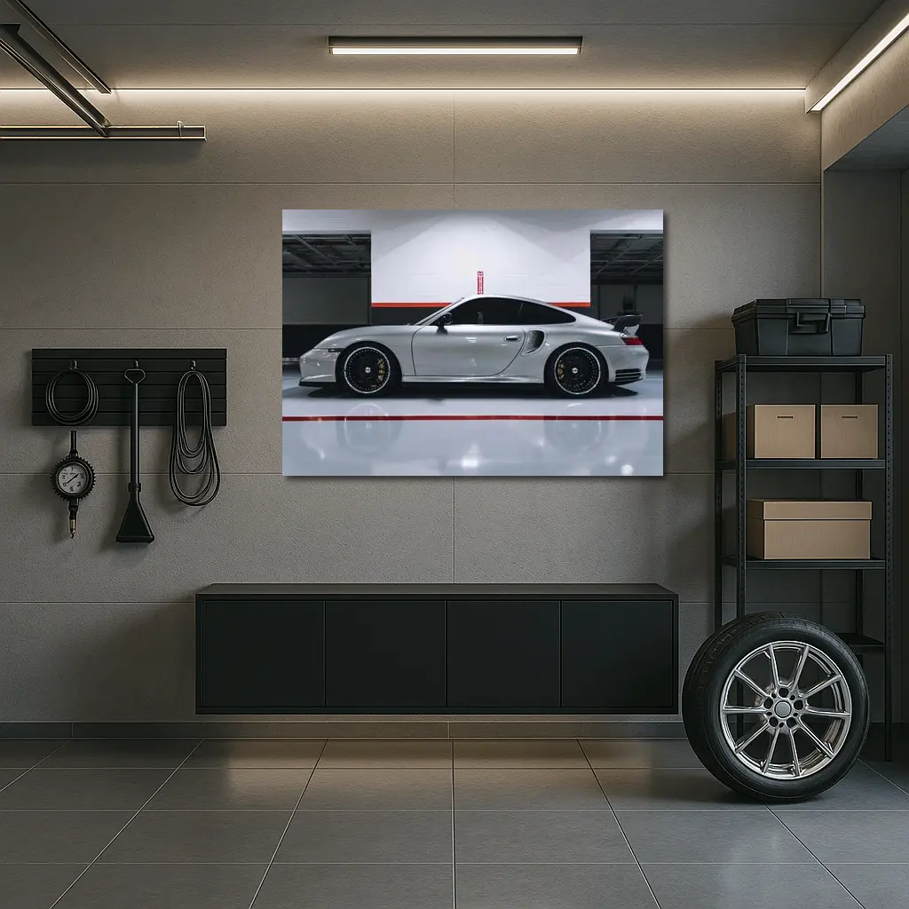 Porsche 911 Turbo Silver Garage Side Profile – Wall Art