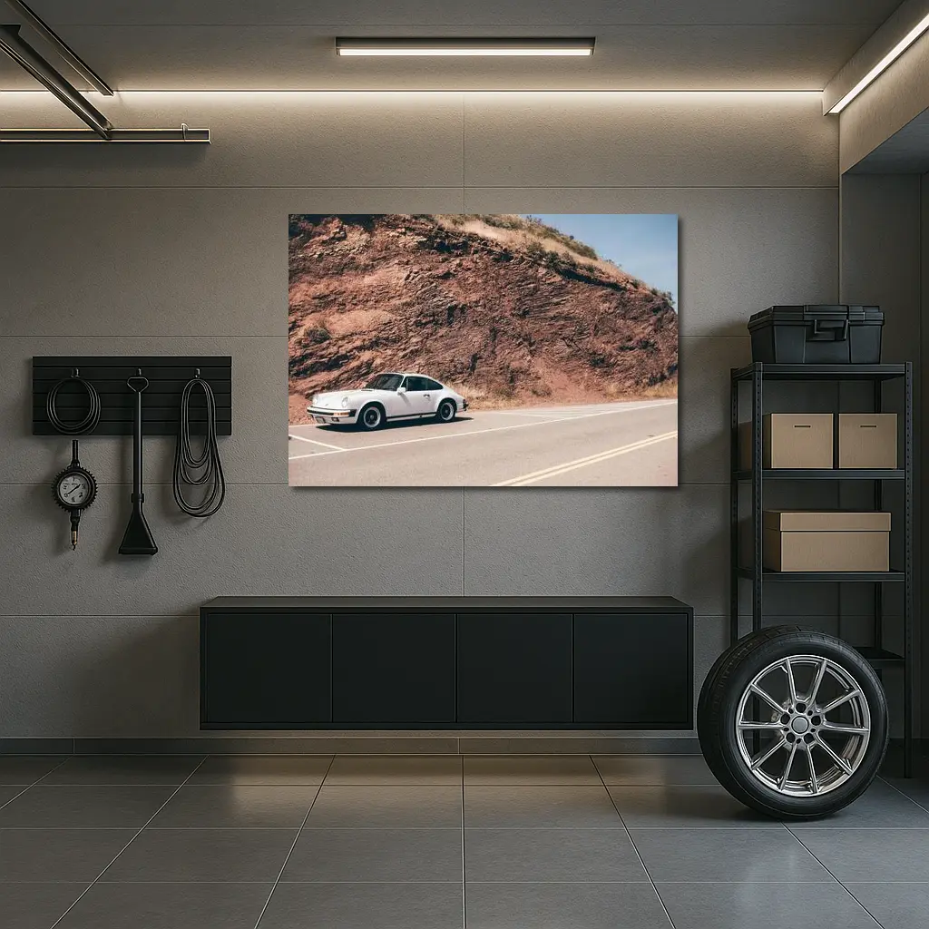 White Porsche 911 On Desert Mountain Road – Wall Art