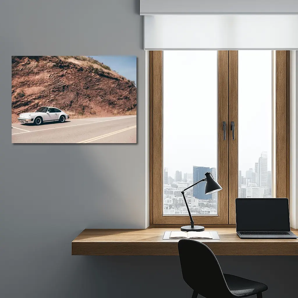 White Porsche 911 On Desert Mountain Road – Wall Art