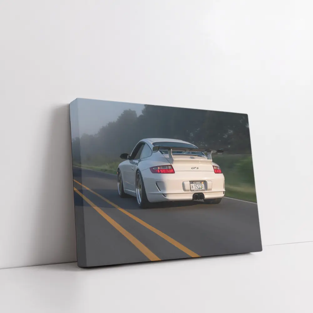 Porsche 911 GT3 White Rear Foggy Road – Wall Art