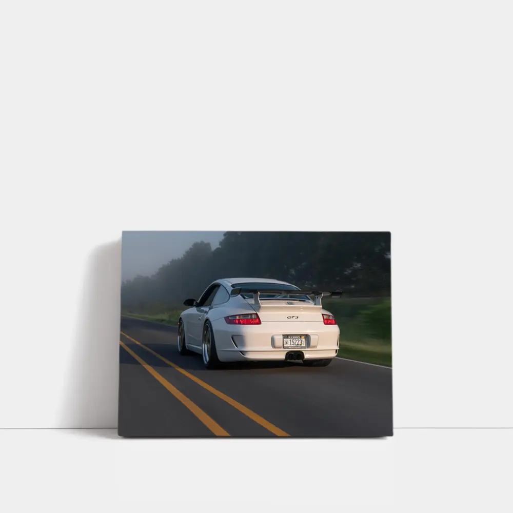 Porsche 911 GT3 White Rear Foggy Road – Wall Art
