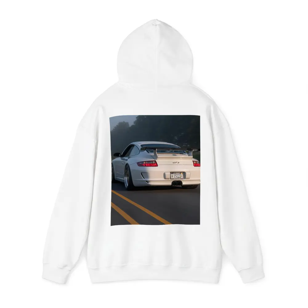 Porsche 911 GT3 White Rear Foggy Road – Hoodies