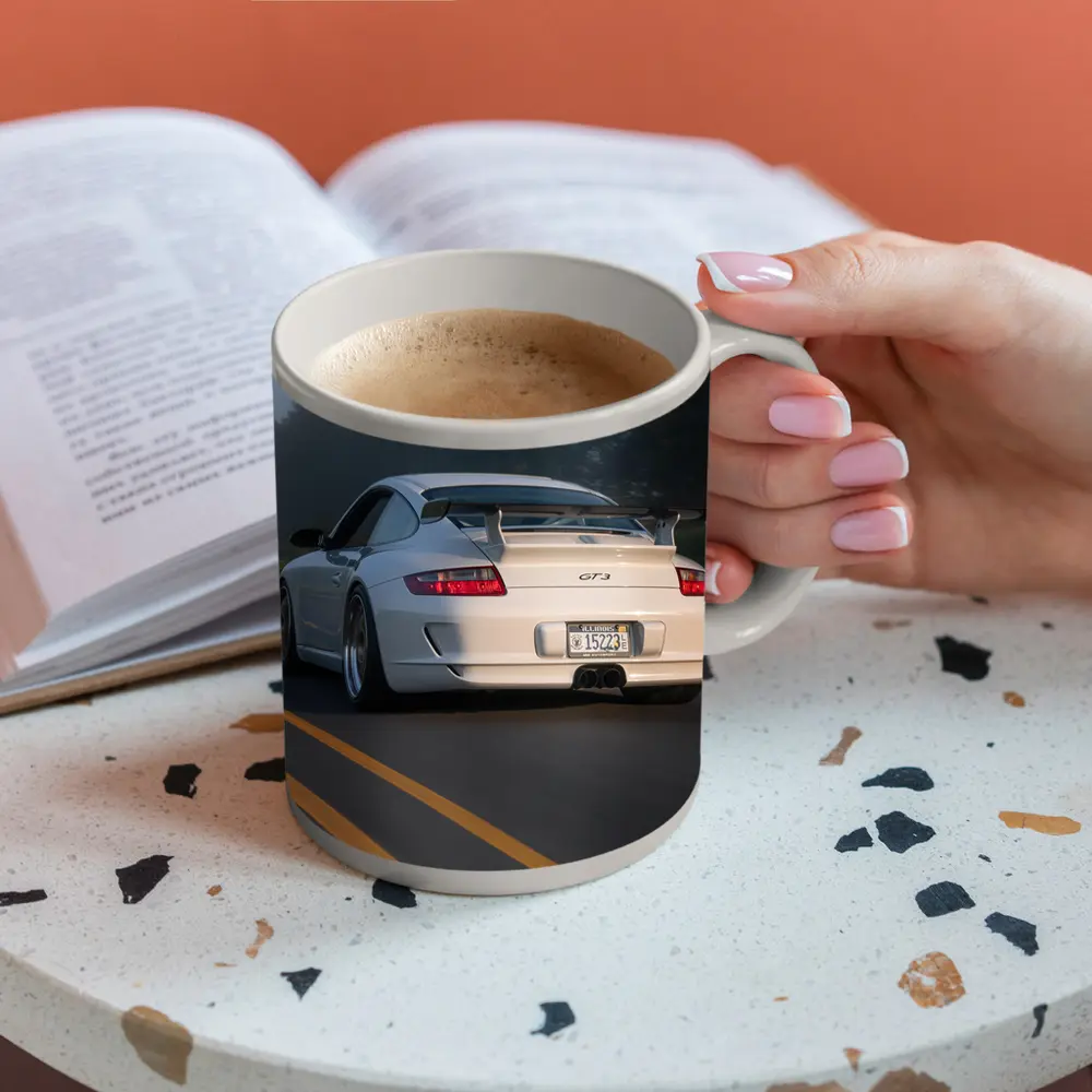 Porsche 911 GT3 White Rear Foggy Road – Mugs