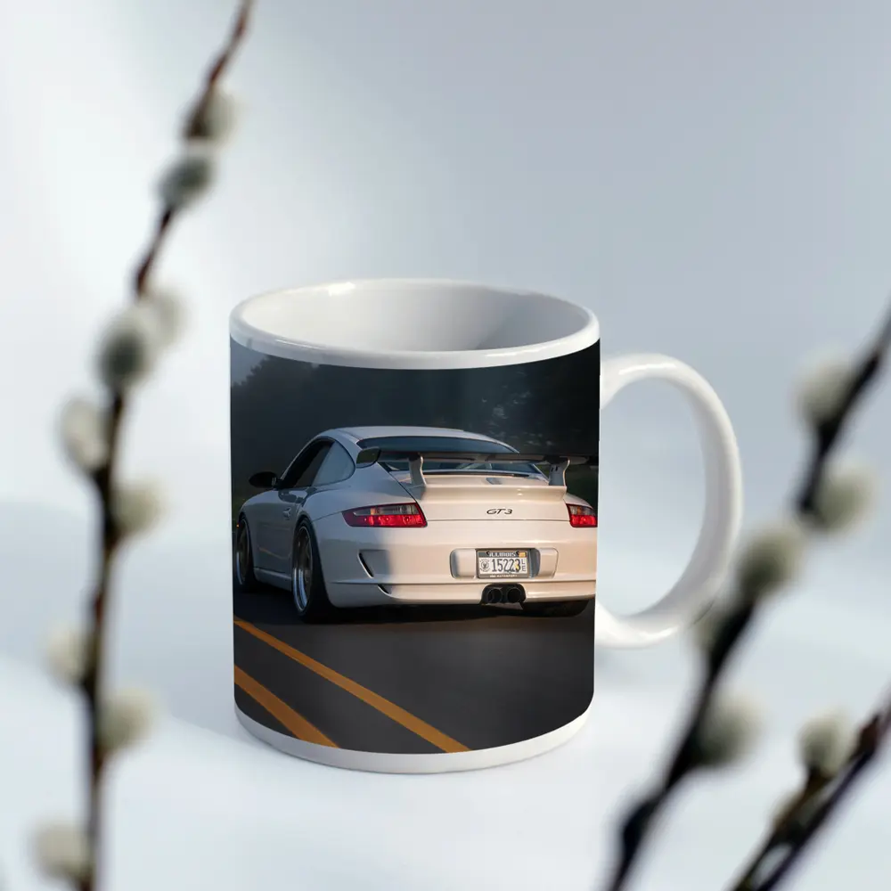 Porsche 911 GT3 White Rear Foggy Road – Mugs