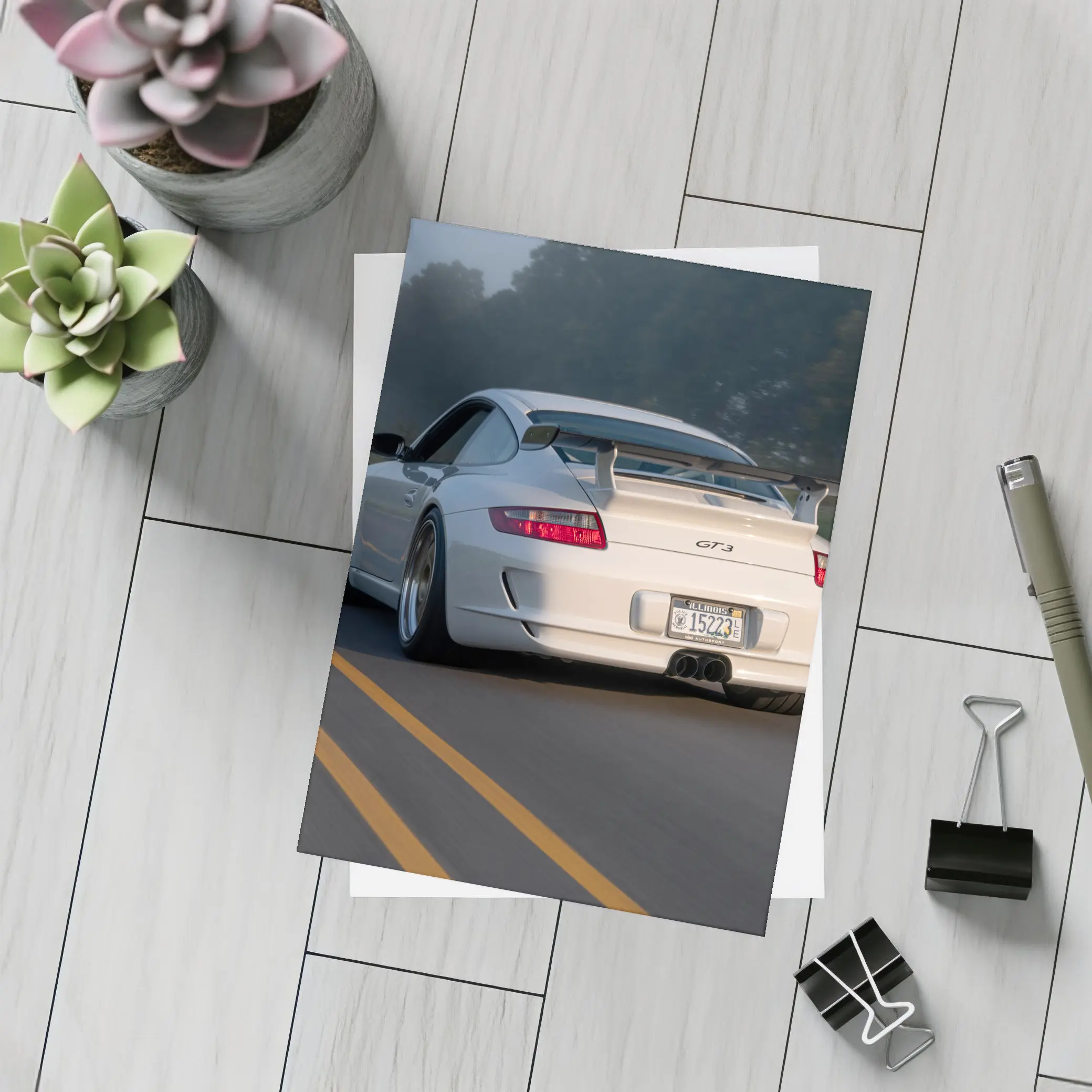 Porsche 911 GT3 White Rear Foggy Road – Postcards