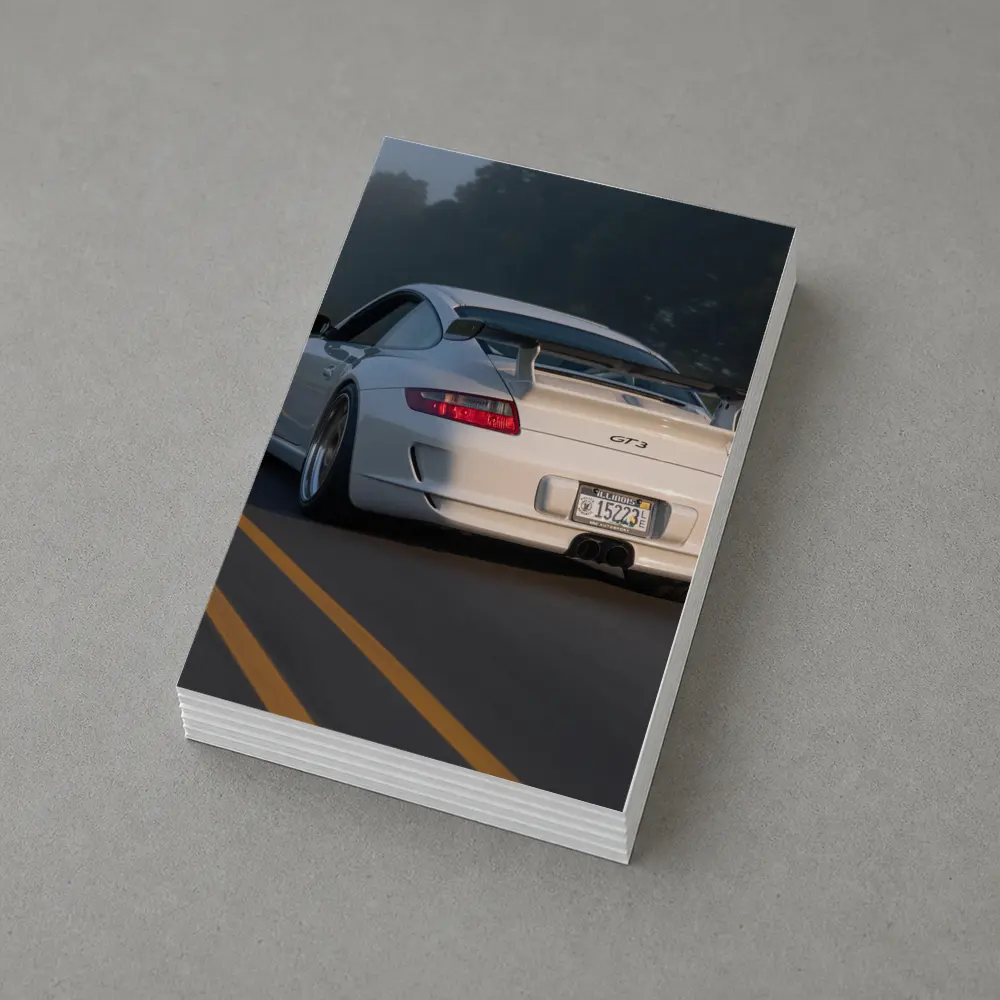 Porsche 911 GT3 White Rear Foggy Road – Postcards