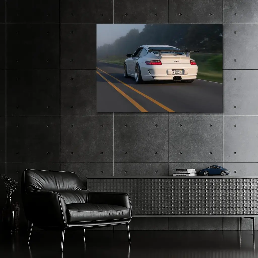 Porsche 911 GT3 White Rear Foggy Road – Wall Art