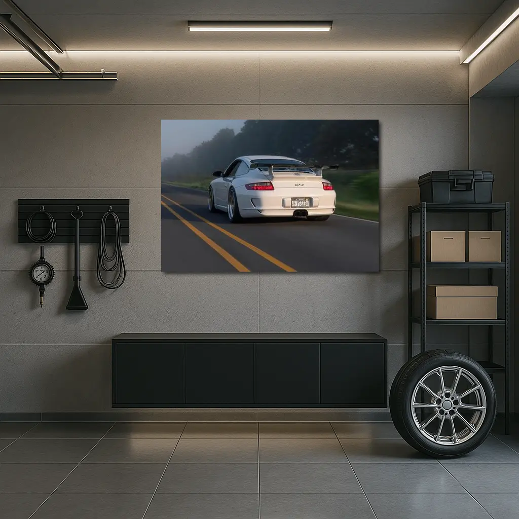 Porsche 911 GT3 White Rear Foggy Road – Wall Art