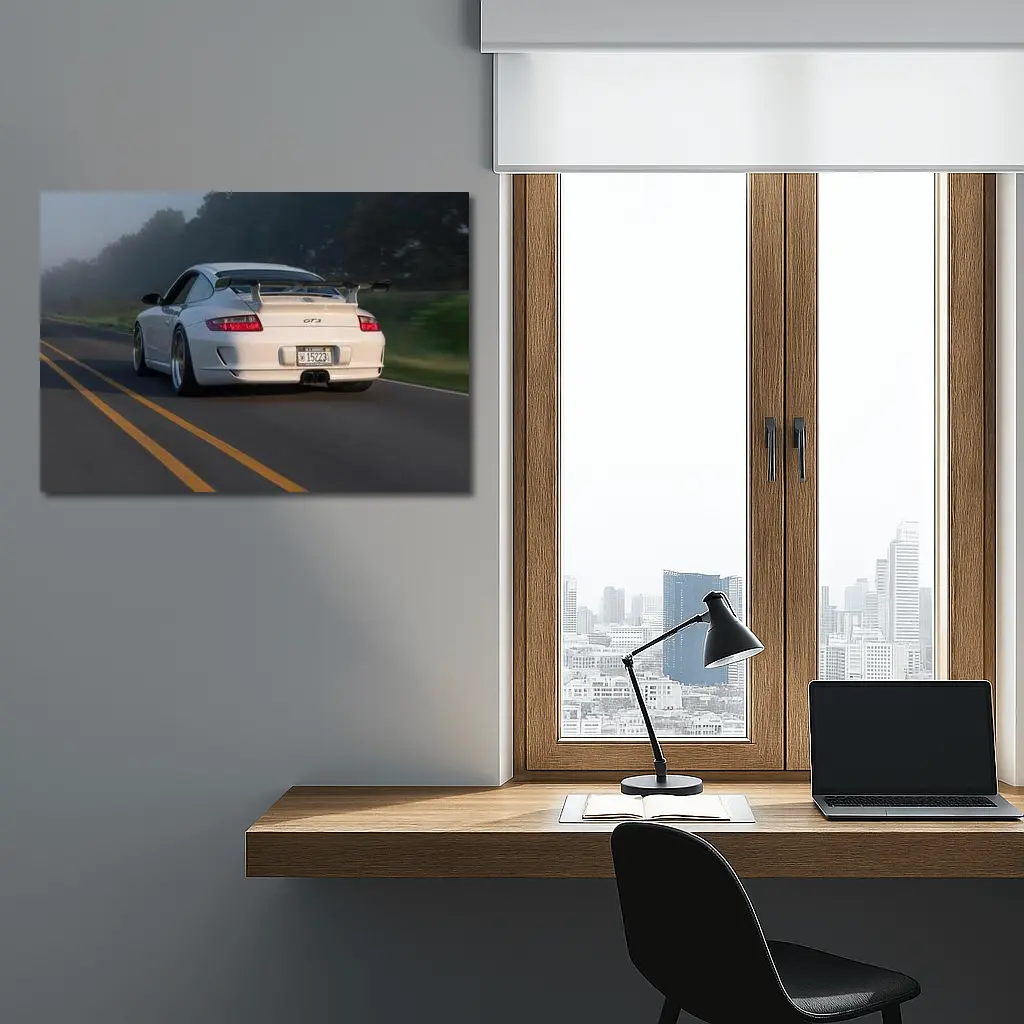 Porsche 911 GT3 White Rear Foggy Road – Wall Art