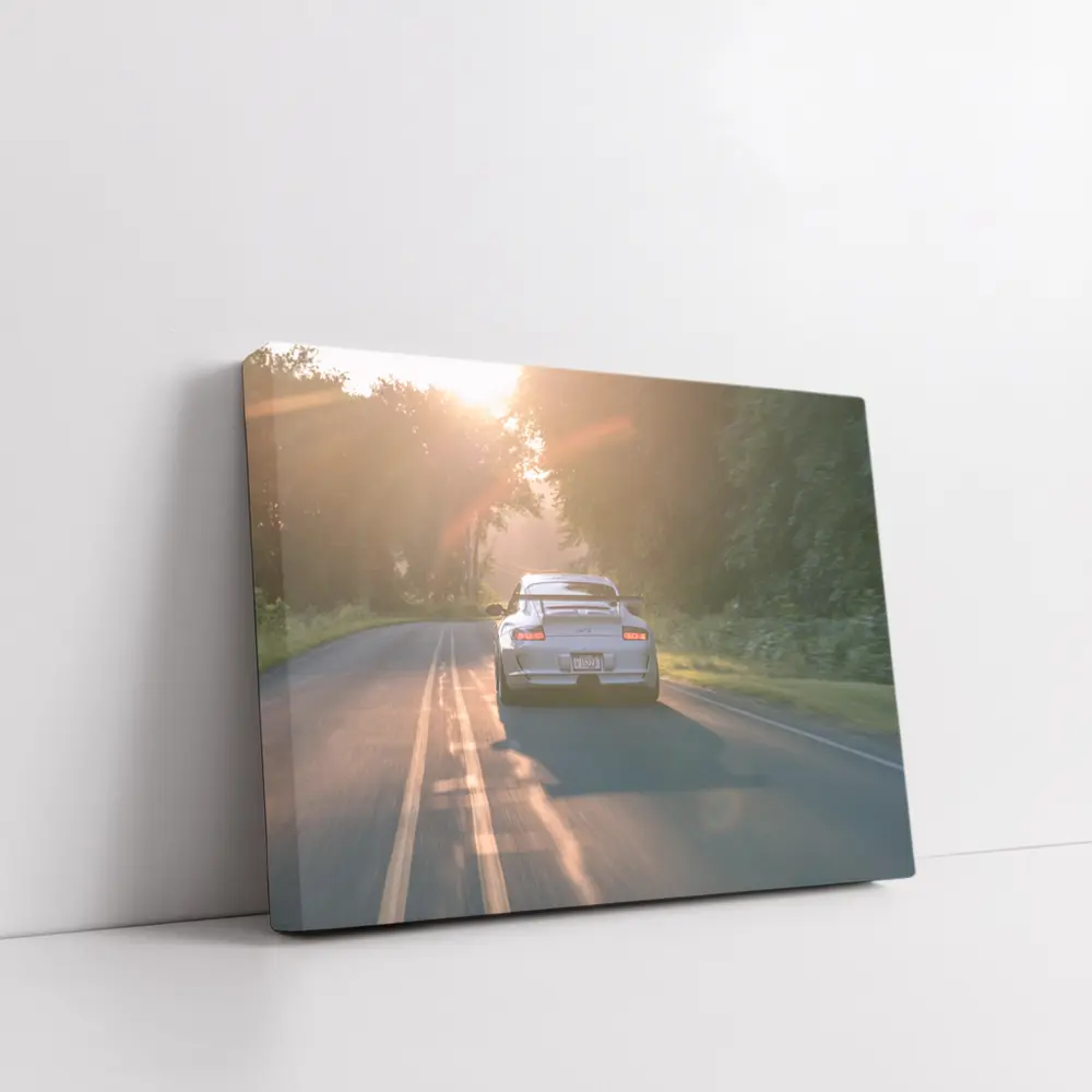Porsche GT3 Driving Sunlit Country Road – Wall Art