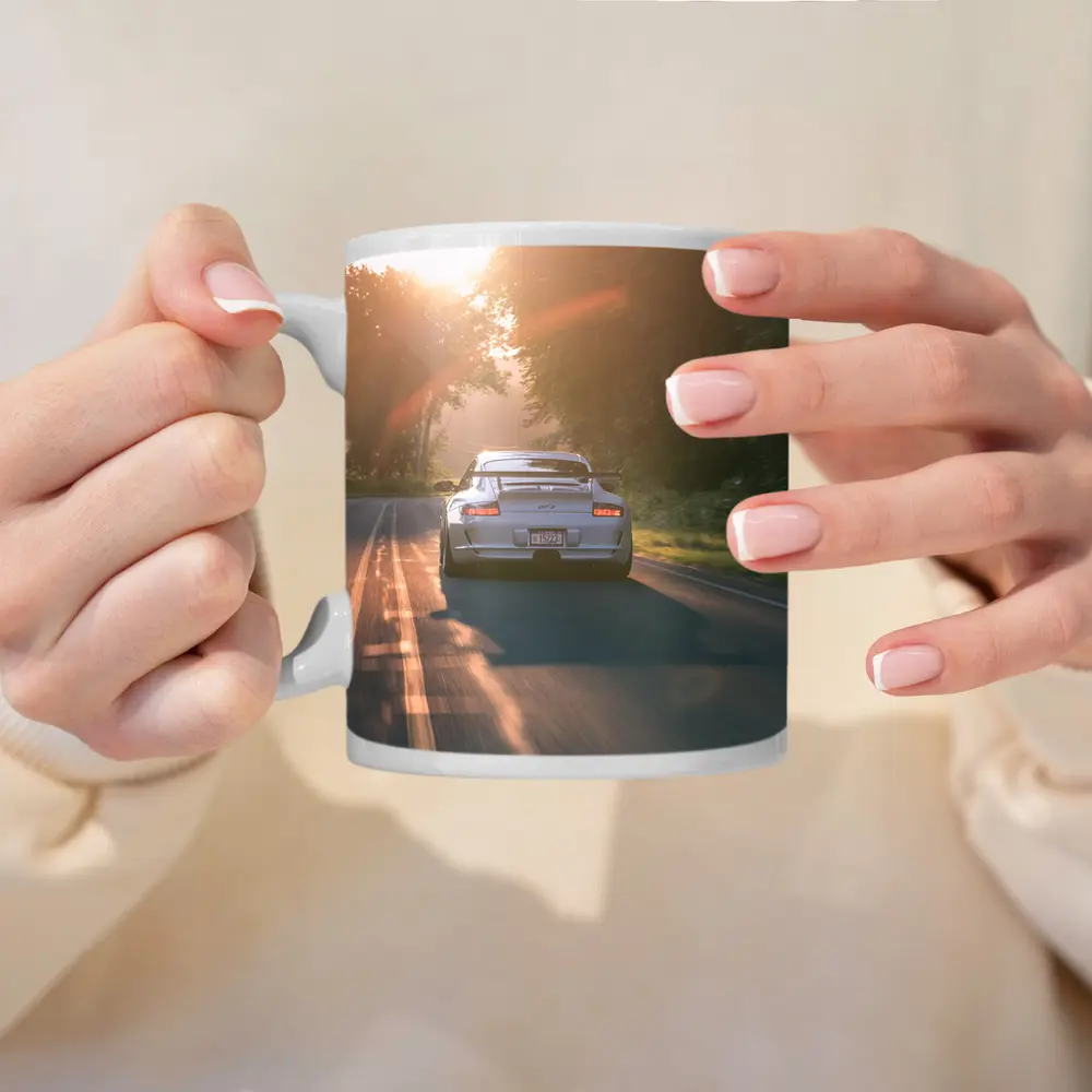 Porsche GT3 Driving Sunlit Country Road – Mugs