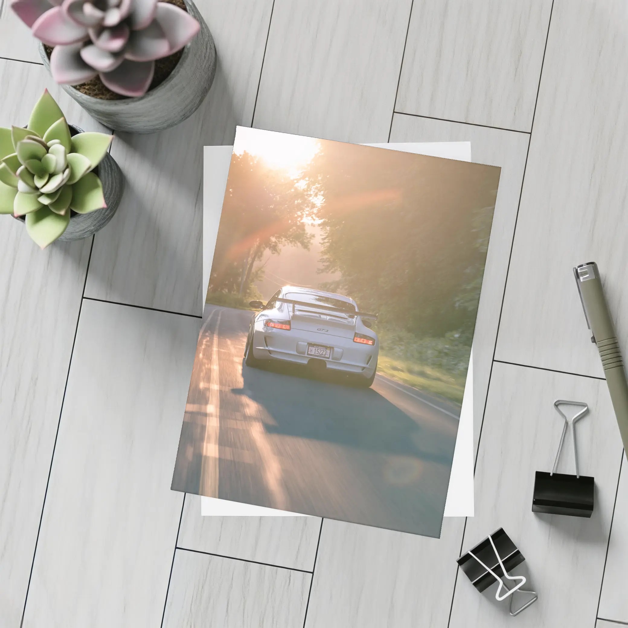 Porsche GT3 Driving Sunlit Country Road – Postcards